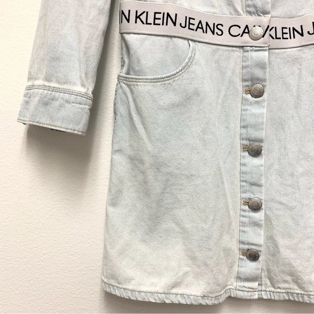 Calvin Klein Girls Chambray Denim Shirt Dress‎ Size M Logo Waistband Long Sleeve